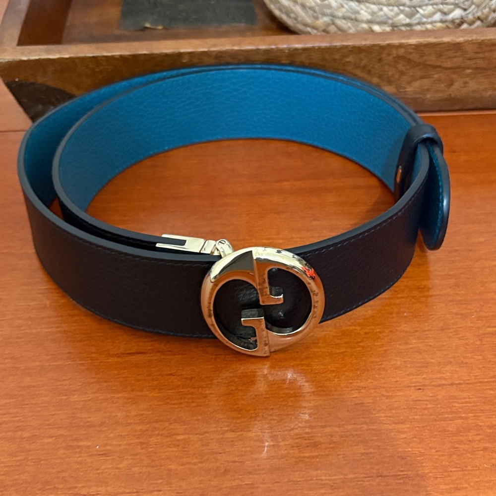 Gucci Black/Teal Leather Reversible 1973 Double G Pattern Belt Size 85/34 Unisex